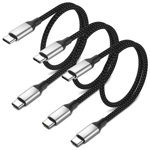 Lot de 3 câbles USB C vers USB C 30 cm PD 60 W court USB C câble de charge rapide en nylon type C câble de données pour iPhone 15 Pro Max Huawei Samsung Galaxy Xiaomi Google (USB 2.0) - Noir