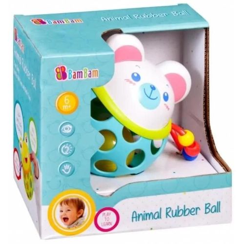 Hochet Pour Bébé " Ours " Balle En Caoutchouc Et Plastique Avec Boule A L'intérieur Rempli De Petites Billes De La Marque "Bam Bam"
