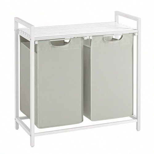 Panier à linge, Rangement 2 compartiments, 2 Sacs Amovibles en tissu Oxford, 2 x 46L, 73 x 33 x 72 cm, Blanc