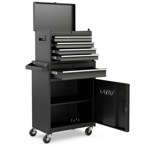 COSTWAY Servante Caisse à Outils 4 Tiroirs Compartiment Amovible Etagère Réglable Planche à Outils Roues Verrouillables Noir