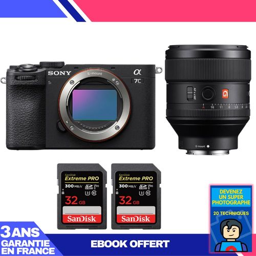 Boitier Sony A7C II Noir + FE 85mm f/1.4 GM + 2 SanDisk 32GB Extreme PRO UHS-II SDXC 300 MB/s + Ebook 'Devenez Un Super Photographe'