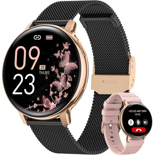 Montre Connectée Femme Avec Appel Bluetooth, 1.39"" Hd Smartwatch Santé Au Féminin, 120+ Modes Sportifs, Sommeil, Fréquence Cardiaque, Spo2, Calories Ip68 Podometre Android Ios Or Noir