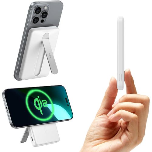 Kalcx-Pack De Batterie Magsafe Certifié Qi2,Chargeur Portable À Charge Rapide 5 000 Mah 15 W Avec Béquille,Banque Externe Ultra-Compacte De 0,60 Po,Câble Usb-C Pour Iphone 16/15/14/13/12,Blanc