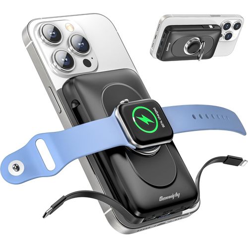Magnetic Powerbank With 2 Cables, 5 In 1 Portable Charger For Apple Watch And Iphone, 10000mah Wireless Charger With Ring Holder For Iphone 16/15/14/13/12, Iwatch Ultra/10-1 (Black)