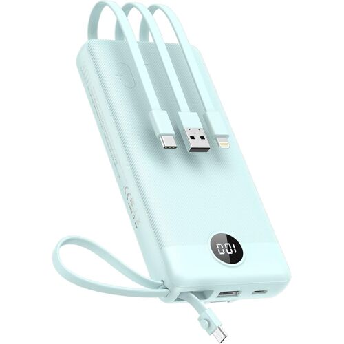 Jgd-Batterie Externe 20000mah Avec Câbles Intégrés Power Bank Usb C Portable Charger Battery Pack Avec 5 Sorties & 2 Entrées Phone Chargeur, Pour Iphone/Samsung/Tablette Etc (Bleu)