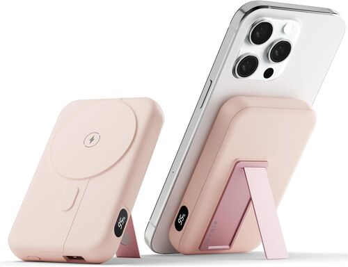 Clicksell-001 Magnétique Batterie Externe Sans Fil Powerbank, 10000mah Chargeur Portable Support Pliable Compatible Avec Magsafe Pour Iphone 12/13/14/15 Series (Rose)