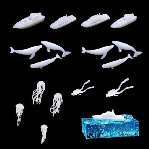 Lot De 16 Moules En Silicone Époxy 3d Pour Moulage De Bijoux, Mini Bateau De Croisière, Baleine, Méduses