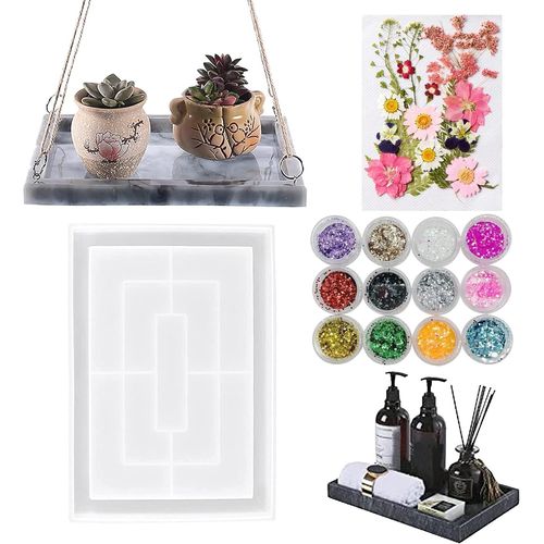 TIANYI-Moules en Résine de Silicone, Grand Plateau Rectangulaire Silicone Moule pour Bijoux avec Bord, Paillettes de Fleurs Séchées pour Fournitures de Résine Artisanale