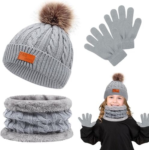 Enfant Bonnet Écharpe Et Gants Ensemble,Bonnet Enfant Chauffant Hiver Chapeau,Tricoté Tour De Cou Chaud,Hiver Accessoires Ensemble Set Pour Enfants 1 À 5 Ans