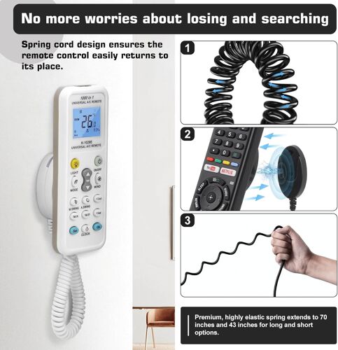 4-Pack Supports Magnétiques pour Télécommandes avec Cordons à Ressort Fixation Murale Adhésive,Anti-Perte, Adsorption Rapide,Ressort Extensible pour Une Sécurité Optimal. (Noir 70 Pouces, Pack de 4)