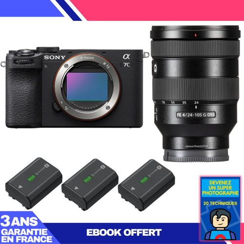 Boitier Sony A7C II Noir + FE 24-105mm f/4 G OSS + 3 Sony NP-FZ100 + Ebook 'Devenez Un Super Photographe'