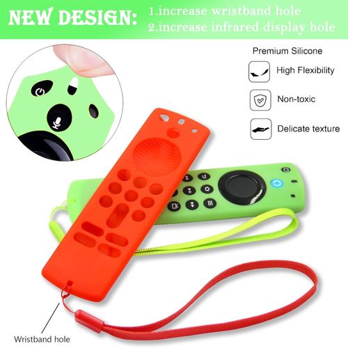 Lot de 2 Coques compatibles avec télécommande vocale Fire TV Stick 4K Alexa 3e génération, Coque en Silicone antidérapante avec Cordon (Vert Brillant et Rouge Non Brillant)