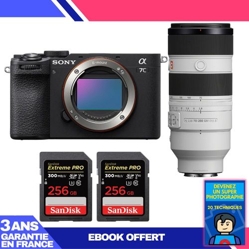 Boitier Sony A7C II Noir + FE 70-200mm f/2.8 GM OSS II + 2 SanDisk 256GB Extreme PRO UHS-II SDXC 300 MB/s + Ebook 'Devenez Un Super Photographe'