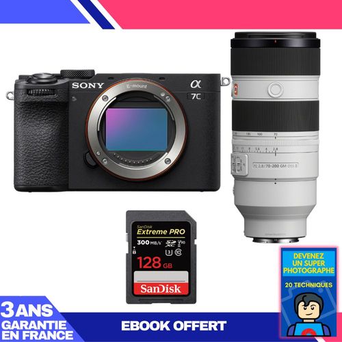 Boitier Sony A7C II Noir + FE 70-200mm f/2.8 GM OSS II + 1 SanDisk 128GB Extreme PRO UHS-II SDXC 300 MB/s + Ebook 'Devenez Un Super Photographe'