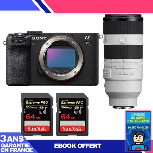 Boitier Sony A7C II Noir + FE 70-200mm f/2.8 GM OSS II + 2 SanDisk 64GB Extreme PRO UHS-II SDXC 300 MB/s + Ebook 'Devenez Un Super Photographe'