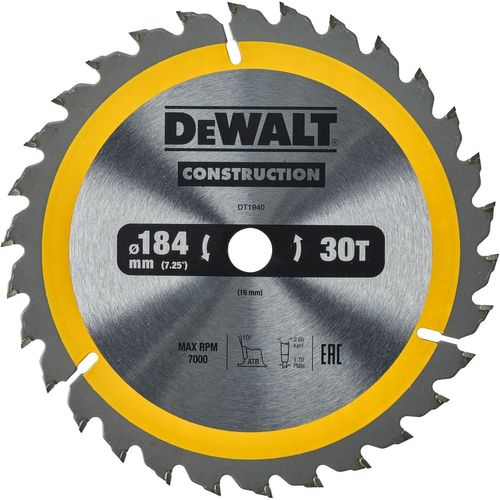 Lame de Scie Circulaire Portative Construction, 184x16mm, 30 dents DT1940-QZ