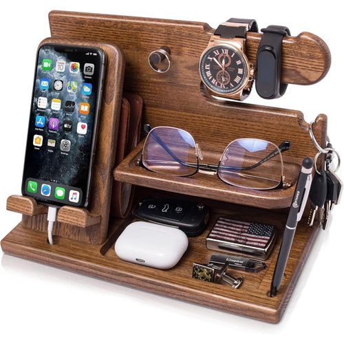 Jexnovashop-Cadeau Homme Organisateur De Bureau Bois Cadeau Fete Des Peres Noël Cadeau Support Telephone Bureau Cadeau Papa Support Montre Monnaie Cadeau Anniversaire Homme Idee Cadeau (Beige)