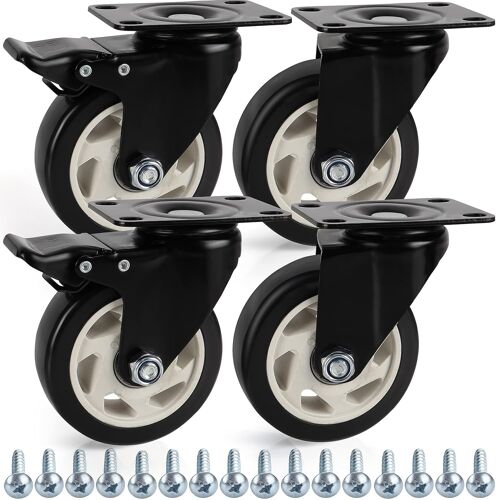 Set of 4 Black Swivel Castors - 100 mm Furniture Caster with Rubber Wheels, Screws, Brakes and Metal Plates - Maximum Load 320kg - Casters for Furniture, Trolleys and Workbenches