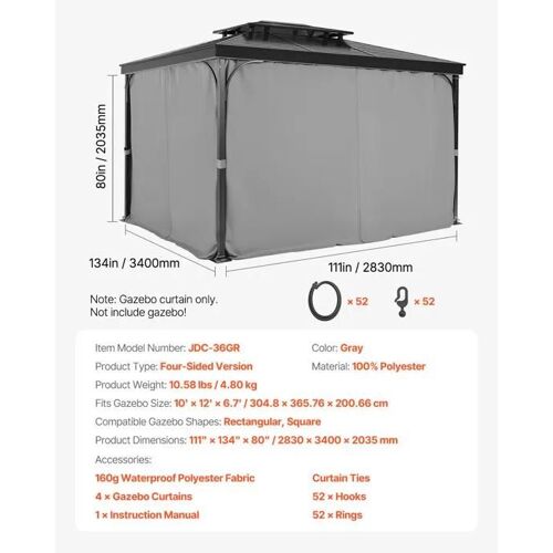 Rideau D'intimité Pour Tonnelle Imperméable Extérieur-Vevor-Rideaux Pour Pergola-283x340x203 Cm-4 Panneaux-Gris