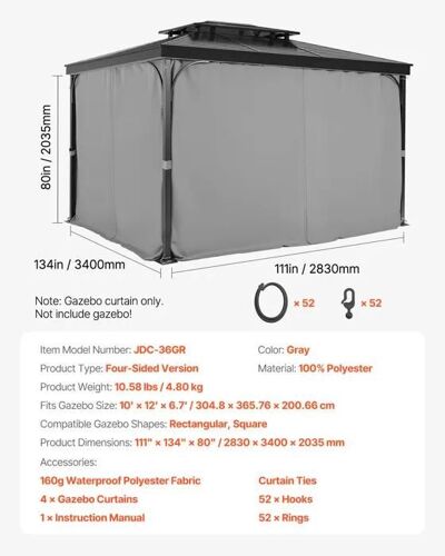 Rideau D'intimité Pour Tonnelle Imperméable Extérieur-Vevor-Rideaux Pour Pergola-283x340x203 Cm-4 Panneaux-Gris