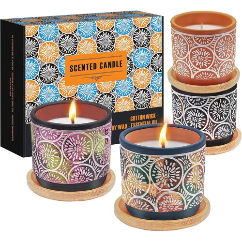Bougies parfumées,lot de 4 jolies bougies de soja,ensemble de bougies d'aromathérapie comprenant une bougie orange,citron,rose,vanille,bougies en pot de poterie,cadeaux pour femmes