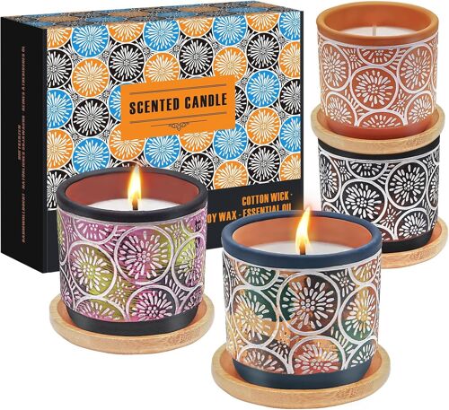 Bougies parfumées,lot de 4 jolies bougies de soja,ensemble de bougies d'aromathérapie comprenant une bougie orange,citron,rose,vanille,bougies en pot de poterie,cadeaux pour femmes