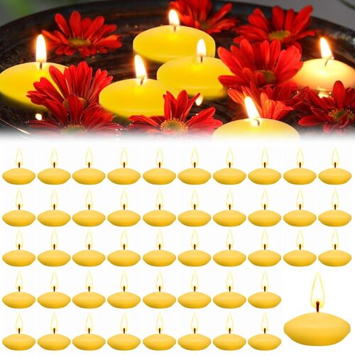 50 Pièce Bougie Flottante Jaune,3.5 CM Bougies Flottantes avec Non Parfumées,Fumée & Goutte,Floating Candles pour Saint-Valentin,Mariage,Fêtes et Décoration de Maison (Jaune)