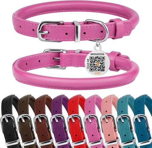 Collier Pour Chien En Cuir Roulé Pour Petits, Moyens Et Grands Chiens Avec Étiquette Qr-Id (Marron Chocolat, L: 41-48 Cm)