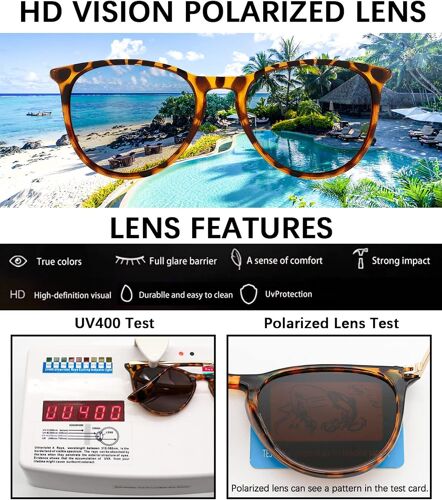 Lunette de Soleil Ronde Polarisée pour Femme Homme, Classique Rétro Lunettes Vintage Unisexe Protección UV400 pour Conduire Voyager
