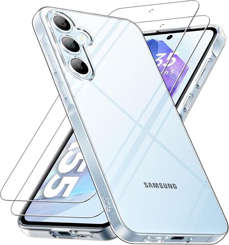 Coque Pour Samsung Galaxy A55 Avec 2 Verre Trempé,Anti-Jaune Étui De Protection Antichoc Anti-Rayures,Transparente Tpu Silicone Bumper Case Pour Galaxy A55,Clear(Q550)