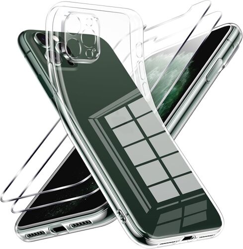 Coque pour iPhone 11 Pro Max avec 2 Pièces Verre Trempé, Transparente Anti-Jaunissement Souple Silicone Étui, Antichoc Protection Case pour iPhone 11 Pro Max