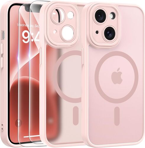 JGD-Magnétique Coque pour iPhone 14 avec 2 Verre Trempé, Compatible avec MagSafe, Protection d'objectif Tout Compris, Etui Mat Arrière Housse Fine Antichoc Case iPhone 14 6.1"", Rose