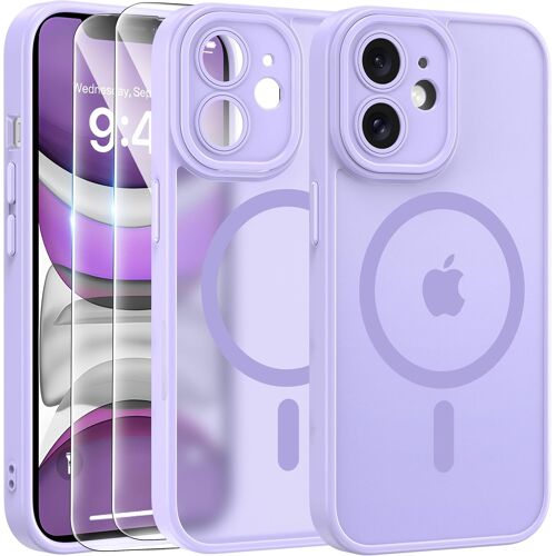 KALANKA-Magnétique Coque pour iPhone 11 avec 2 Verre Trempé, Compatible avec MagSafe, Protection d'objectif Tout Compris, Etui Mat Arrière Housse Fine Antichoc Case iPhone 11 6.1"", Violet Clair