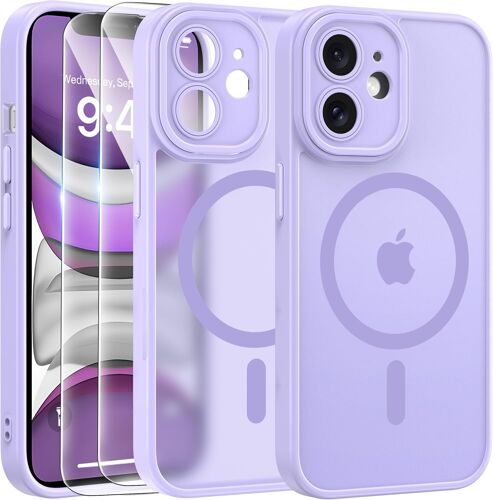 Magnétique Coque pour iPhone 11 avec 2 Verre Trempé, Compatible avec MagSafe, Protection d'objectif Tout Compris, Etui Mat Arrière Housse Fine Antichoc Case iPhone 11 6.1"", Violet Clair