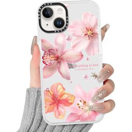 Transparente Coque pour iPhone 13 Mini, Aesthetic Hibiscus Fleur ?t¿¿ Flower Motif ?tui Mignon Design Housse de T¿¿l¿¿phone pour Filles, Silicone Cover Bumper Case pour iPhone 13Mini 5,4"",Lys Rosa