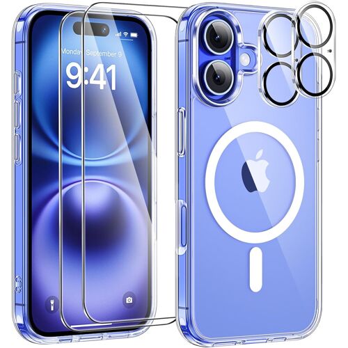 KALANKA-Magnétique Coque pour iPhone 16 avec 2 Verres Trempés et 2 Caméra Protecteur, Compatible MagSafe Dos Anti Rayures Coque Antichoc TPU Bumper Coque iPhone 16 6,1¿¿-Transparent