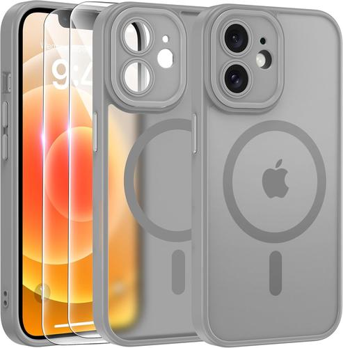 Magnétique Coque pour iPhone 12 avec 2 Verre Trempé, Compatible avec MagSafe, Protection d'objectif Tout Compris, Etui Mat Arrière Housse Fine Antichoc Case iPhone 12 6.1"", Gris
