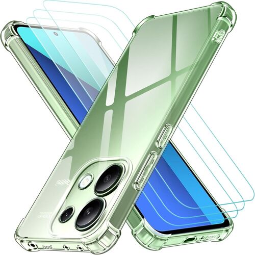 JGD-4 en 1 Coque pour Xiaomi Redmi Note 13 4G (Pas pour Redmi Note 13 5G) avec 3 Pièces Verre Trempé, Transparent Étui de Protection en Silicone Antichoc, Souple TPU Anti-Rayures Bumper Housse