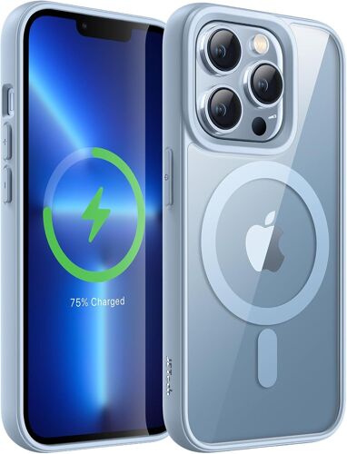 SJZG-Coque Magnétique Pour Iphone 13 Pro 6,1 Pouces Compatible Avec Magsafe, Étui Housse Antichoc Bumper, Cadre En Tpu Mat De Couleur Unie, Dos Transparent Anti-Rayures (Bleu Alpin)