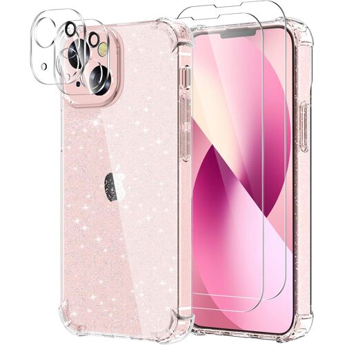 KALANKA-Coque Compatible avec iPhone 13 Paillettes, avec 2 Verre Trempé Protection écran et 2 Caméra Arrière Protecteur, Transparent Glitter Etui Silicone TPU Bumper Antichoc Housse