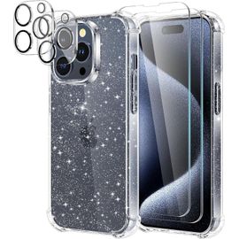 MAB-Coque pour iPhone 15 Pro Paillettes, avec 2 Verre Trempé et 2 Caméra Protecteur, Mince Transparent Glitter Housse Protection Antichoc Souple TPU Silicone Étui