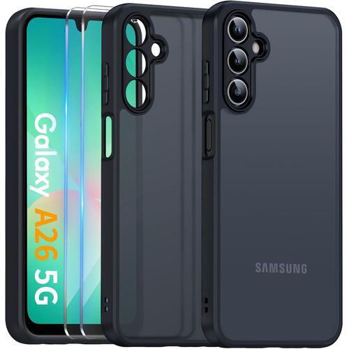 Coque Mat Pour Samsung Galaxy A26 5g Avec Protection Caméra Et 2 Pièces Verre Trempé, Étui Arrière Translucide Givrée, Mince Antichoc Anti-Empreintes Digitales Housse, Noir