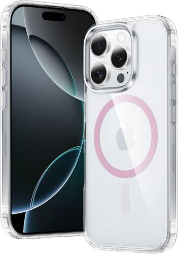 Coque pour iPhone 16 Pro-Max: Coque magn¿¿tique de qualit¿¿ Militaire Contre Les Chutes, Anti-jaunissement, Coque de Protection Robuste Antichoc Transparente (Rose Transparent)