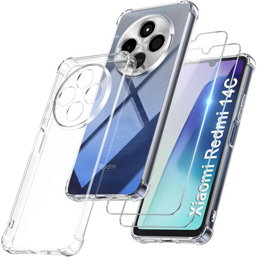 Coque Antichoc Compatible Avec Xiaomi Redmi 14C/Poco C75 / A4 / 14R Et 2 Pièces Protection Écran En Verre Trempé, Étui De Silicone Mince Souple Tpu Bumper Coins Renforcés Housse, Transparent