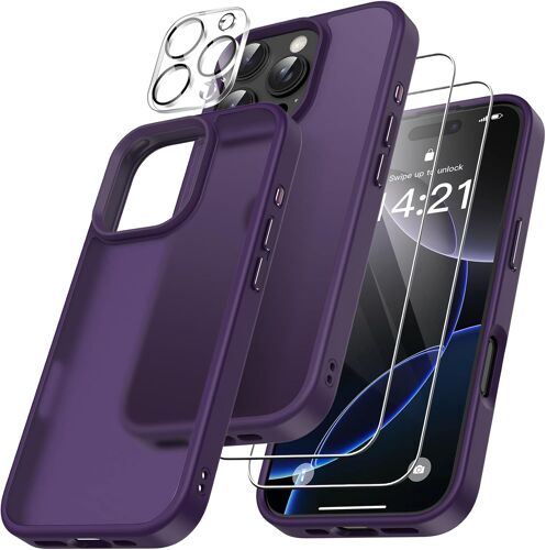 4 En 1 Coque Pour Iphone 16 Pro Avec 2 Verre Trempé Et 1 Caméra Protecteur, [Coussin D'Air Intégré] Antichoc Antirayures Bumper Protection Housse Pour Iphone 16 Pro 6.3"", Violet Foncé