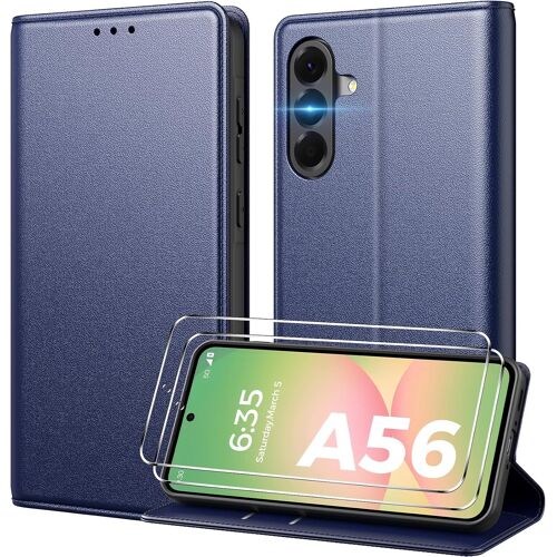 TRAHOO-Coque pour Samsung Galaxy A56 5G [ Verre Trempé Protection *2 ] [ Blocage du Signal RFID ] [ Premium PU ] [ Pochette de Portefeuille ] Etui à Rabat pour Samsung A56 5G,Bleu
