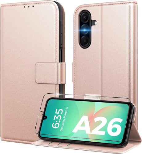 Coque Pour Samsung Galaxy A26 5G[ Verre Trempé Protection *1 ] [ Blocage Du Signal Rfid ] [ Premium Pu ] [ Pochette De Portefeuille ] Etui À Rabat Pour Samsung Galaxy A26-Rose