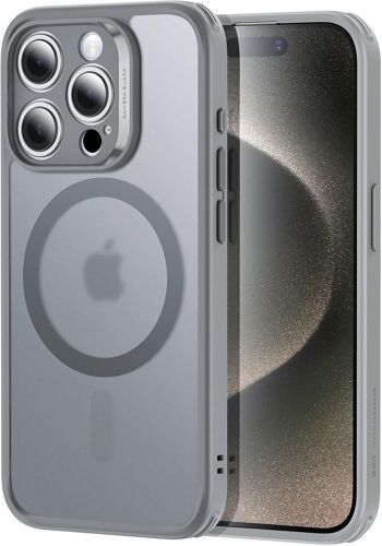 Coque pour iPhone 15 Pro avec 1 Verre Trempé, Coque Tanslucide Mate, Compatible avec MagSafe, Protection Militaire, série Classic, Gris Givré