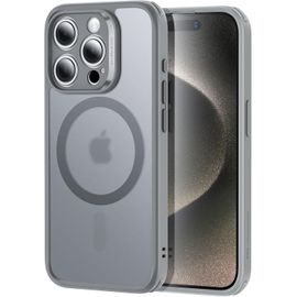 TRAHOO-Coque pour iPhone 15 Pro avec 1 Verre Trempé, Coque Tanslucide Mate, Compatible avec MagSafe, Protection Militaire, série Classic, Gris Givré
