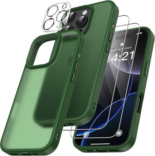 4 en 1 Coque pour iPhone 16 Pro Max avec 2 Verre Trempé et 1 Caméra Protecteur, [Coussin d'air Intégré] Antichoc Antirayures Protection Housse pour iPhone 16 Pro Max 6.9"", Vert foncé